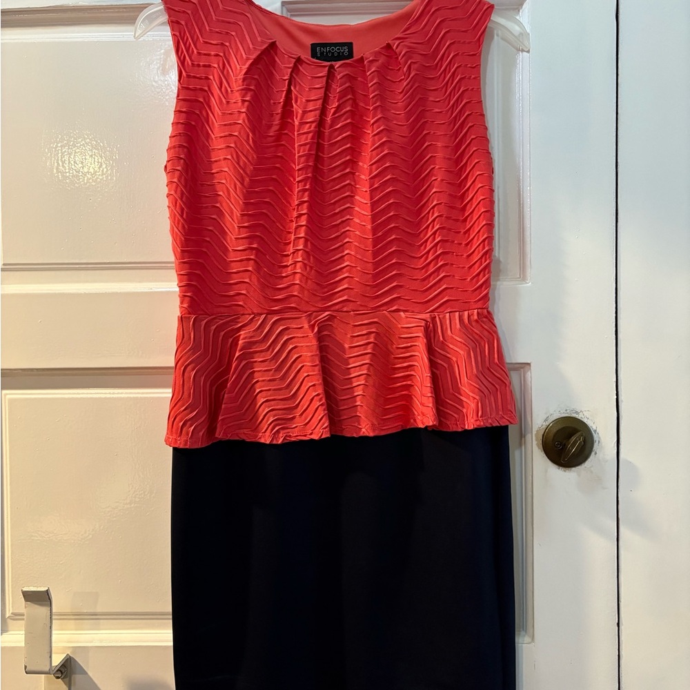 Enfocus Studio Coral and Navy Peplum Dress